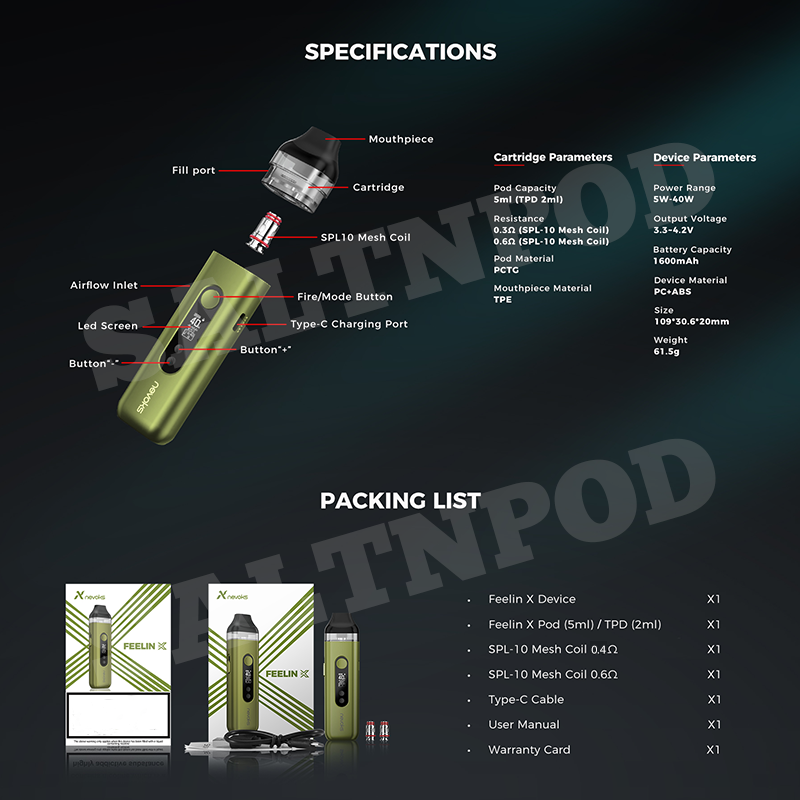 NEVOKS : FEELIN X 40W POD 1600 MAH FEELIN X CARTRIDGE